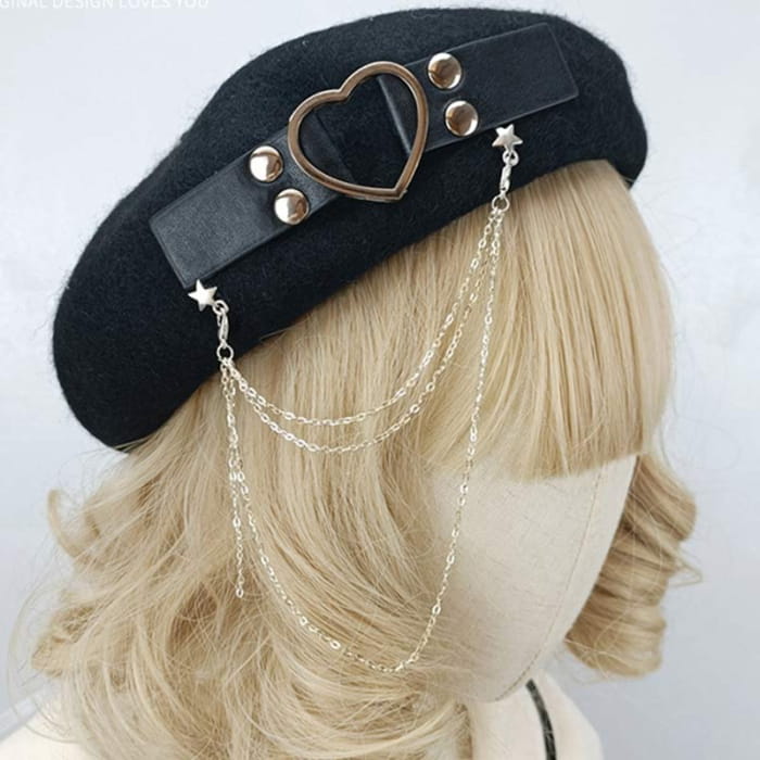 Y2K Love Heart Chain Lolita Beret - Black / One Size