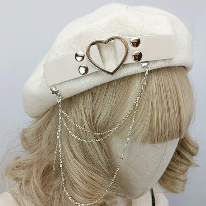 Y2K Love Heart Chain Lolita Beret - Creamy-White / One Size