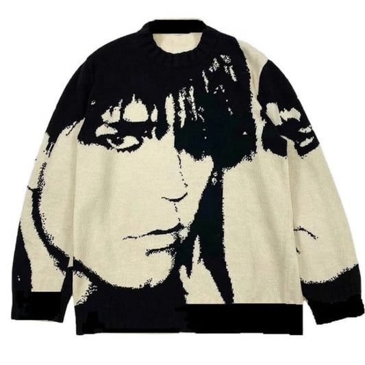 Y2K Man Face Sweater - M / White/black