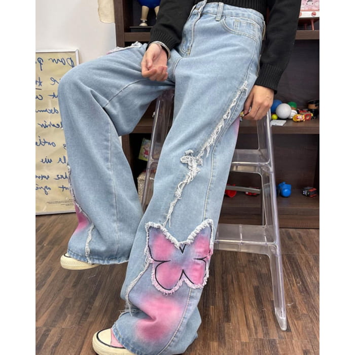 Y2K Pink Butterfly Wide Leg Jeans