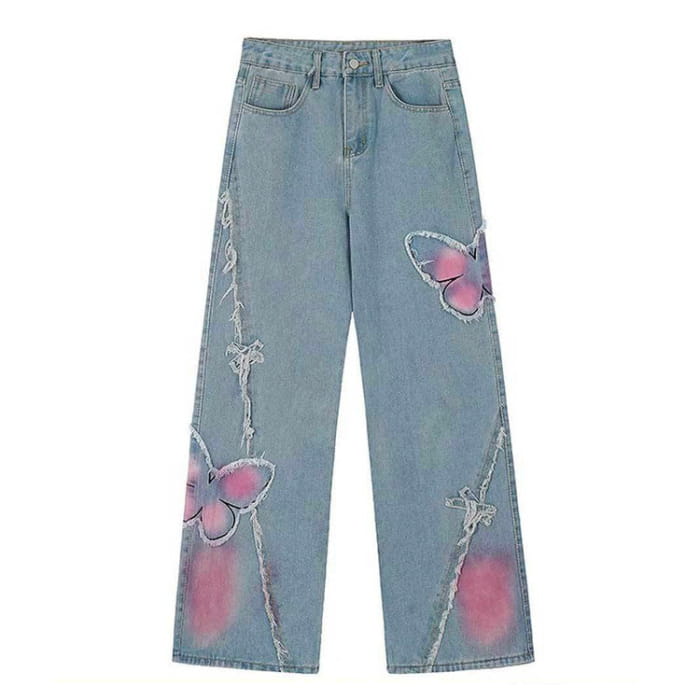 Y2K Pink Butterfly Wide Leg Jeans