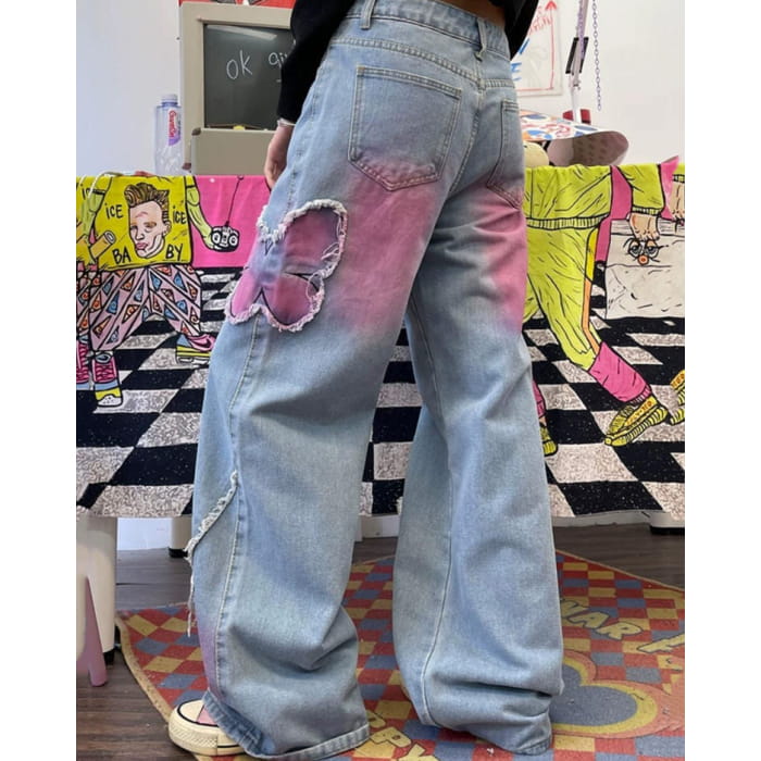 Y2K Pink Butterfly Wide Leg Jeans