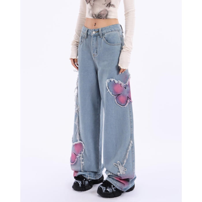 Y2K Pink Butterfly Wide Leg Jeans