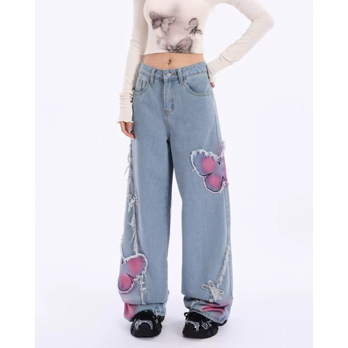 Y2K Pink Butterfly Wide Leg Jeans