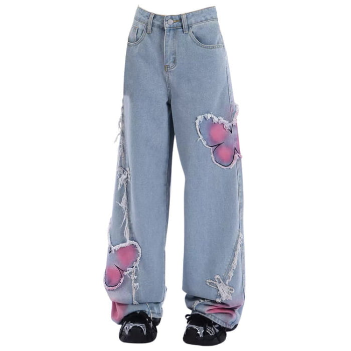 Y2K Pink Butterfly Wide Leg Jeans - S / Blue