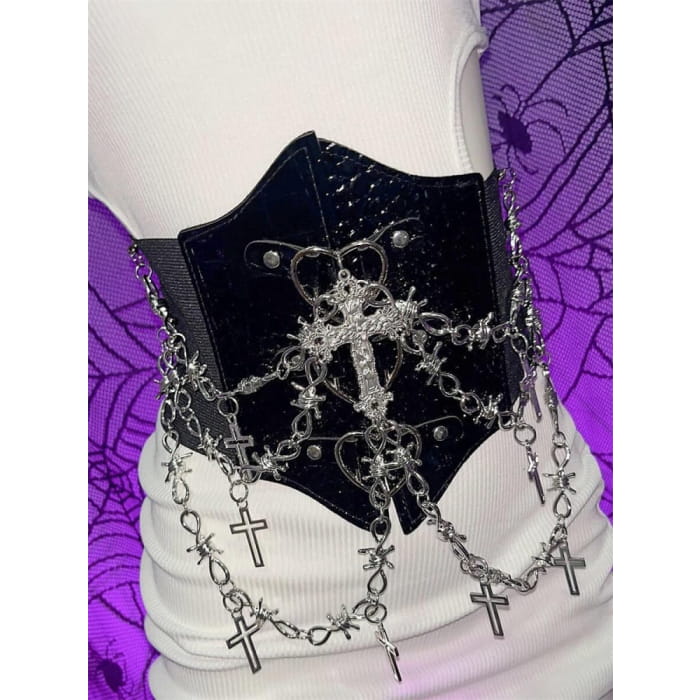 Y2K Punk Crosses Black Heart Corset Belt - Free Size