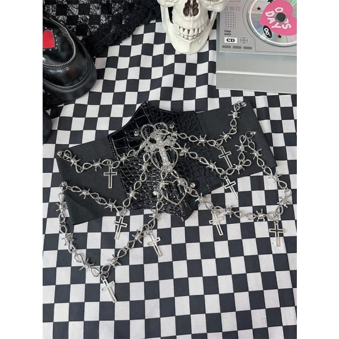 Y2K Punk Crosses Black Heart Corset Belt - Free Size