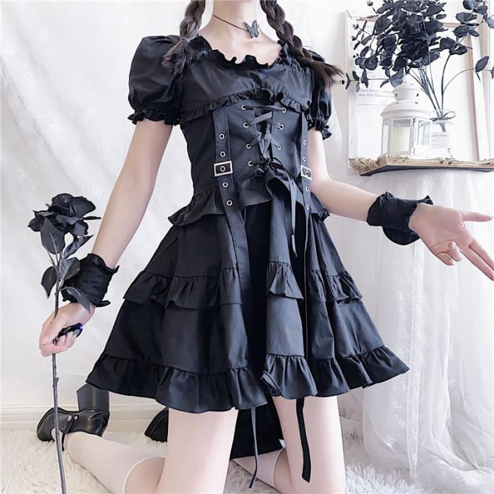 Y2K Ruffle Lace Up Buckle Gothic Sweet Dress