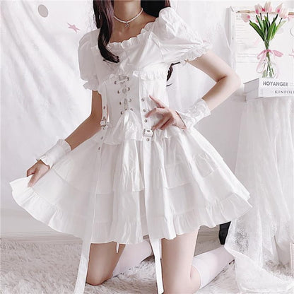 Y2K Ruffle Lace Up Buckle Gothic Sweet Dress - White / S