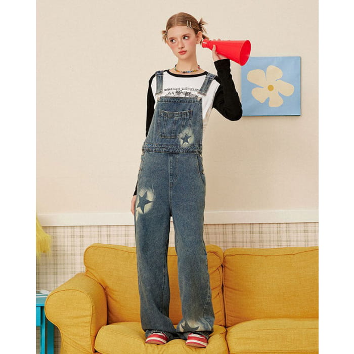 Y2K Star Denim Overalls - Pants