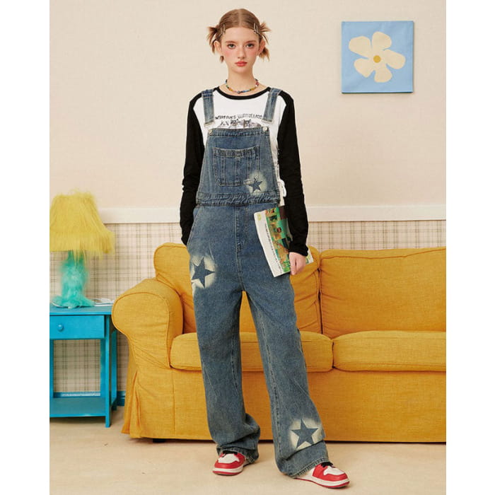 Y2K Star Denim Overalls - Pants