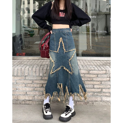 Y2K Star Long Denim Skirt