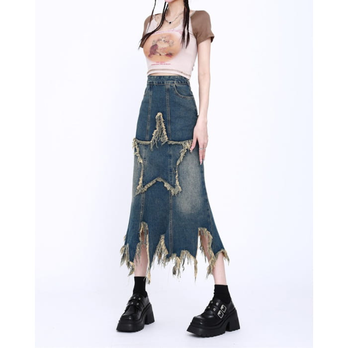 Y2K Star Long Denim Skirt