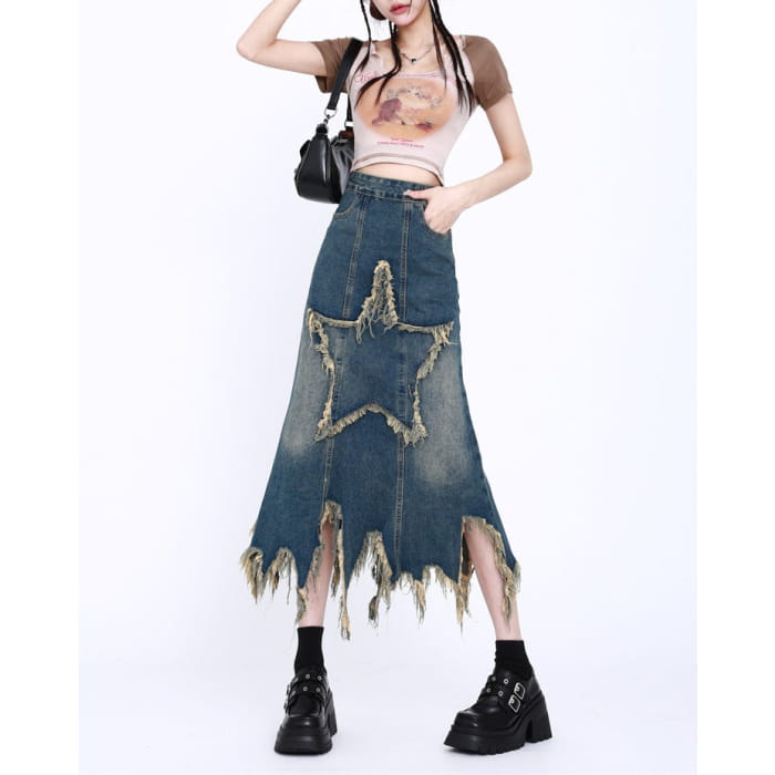 Y2K Star Long Denim Skirt