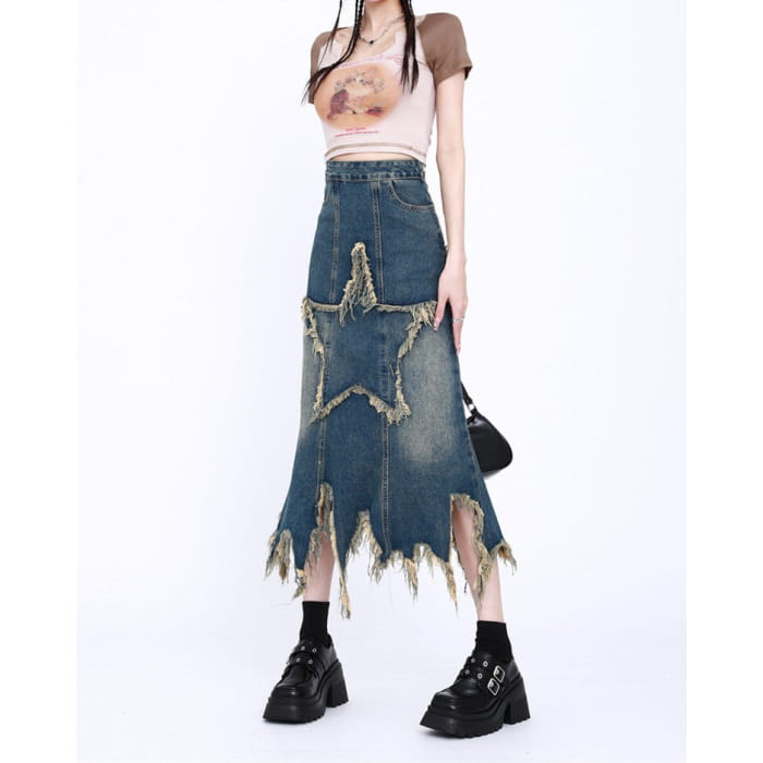 Y2K Star Long Denim Skirt