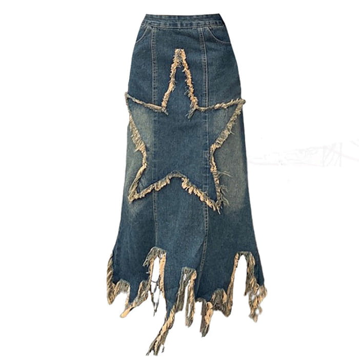 Y2K Star Long Denim Skirt - S / Dark Blue