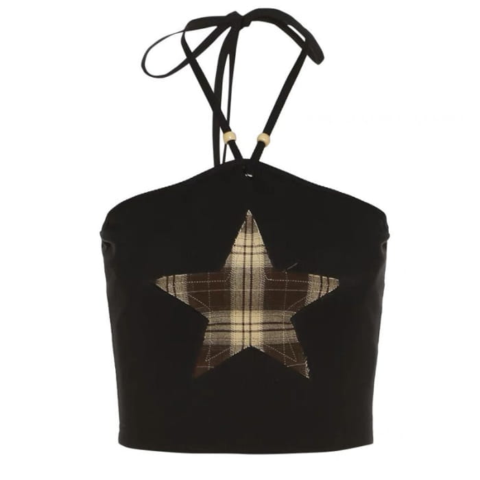 Y2K Star Patch Halter Crop Top - S / Black - Tops