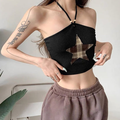 Y2K Star Patch Halter Crop Top - Tops