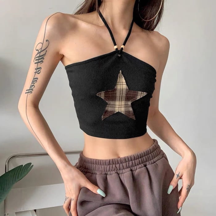 Y2K Star Patch Halter Crop Top - Tops