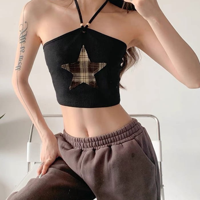 Y2K Star Patch Halter Crop Top - Tops