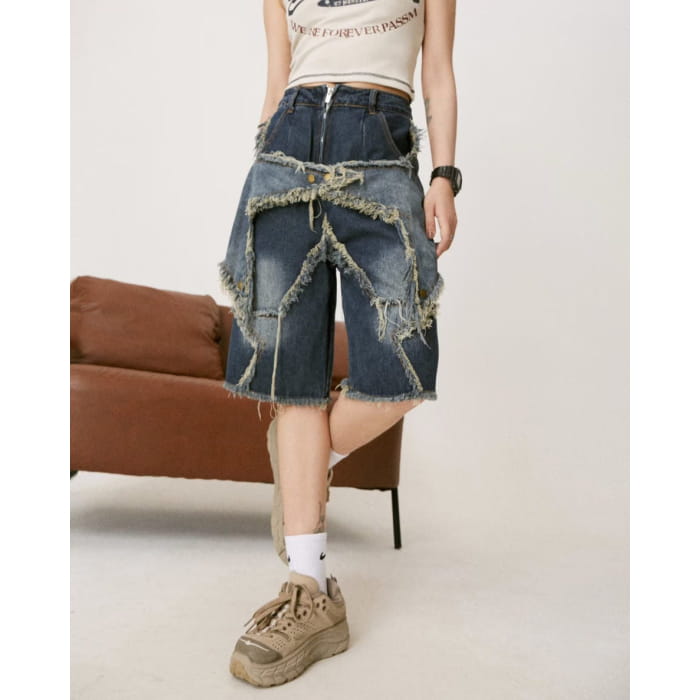 Y2K Star Patch High-Waisted Denim Shorts