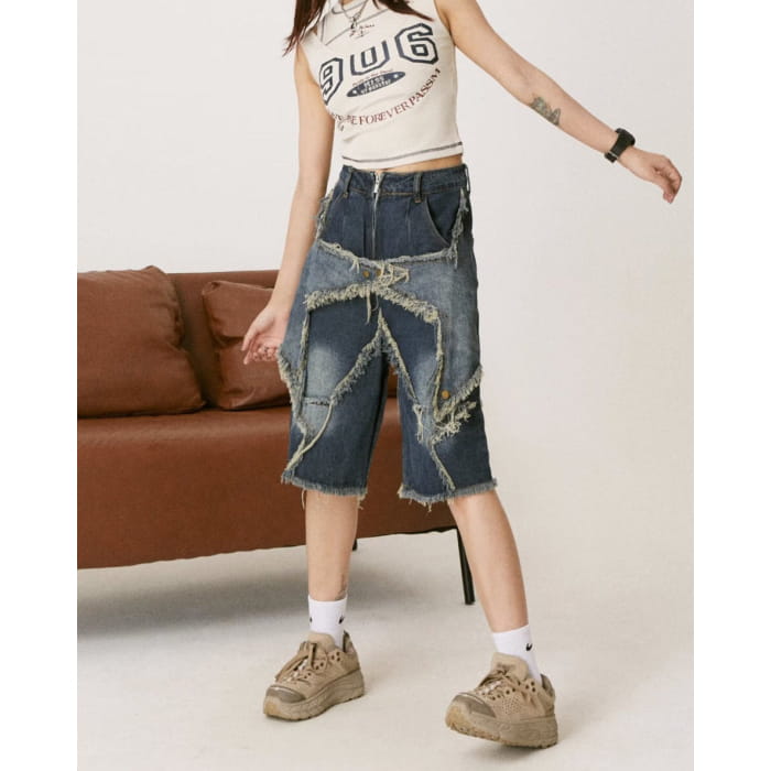 Y2K Star Patch High-Waisted Denim Shorts