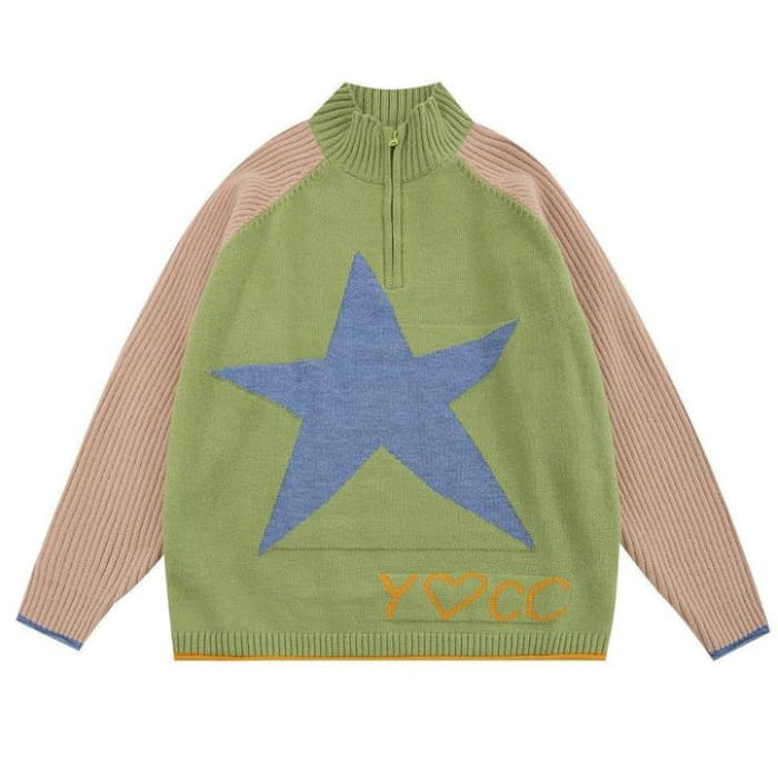 Y2K Star Print Zip Up Jumper - M / Green - Sweater