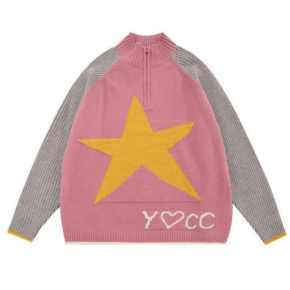 Y2K Star Print Zip Up Jumper - M / Pink - Sweater