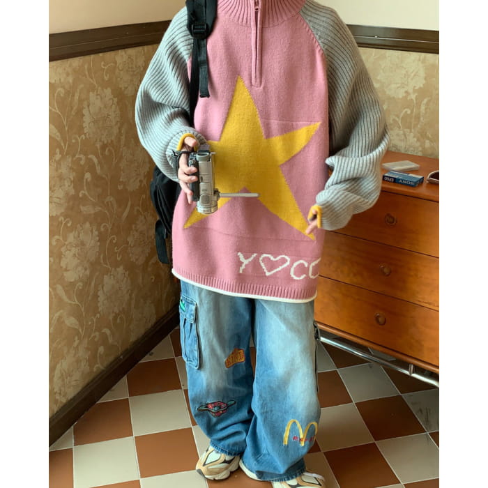 Y2K Star Print Zip Up Jumper - Sweater