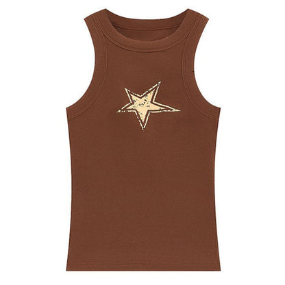 Y2K Star Ribbed Top - S / Brown - Tops