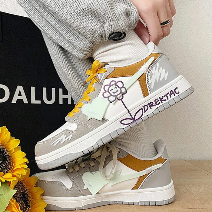 Yellow and Grey Flower Sneakers