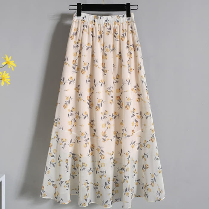 Yellow Flower Embroidery T-Shirt Floral Print Skirt