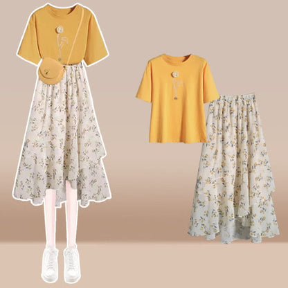 Yellow Flower Embroidery T-Shirt Floral Print Skirt