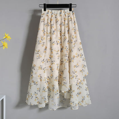 Yellow Flower Embroidery T-Shirt Floral Print Skirt - S