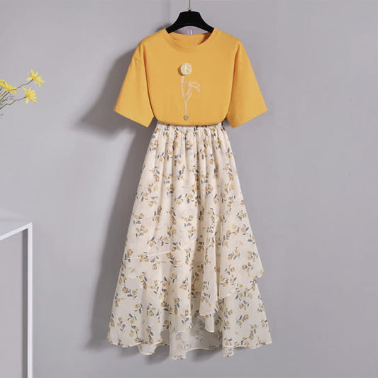 Yellow Flower Embroidery T-Shirt Floral Print Skirt - Set