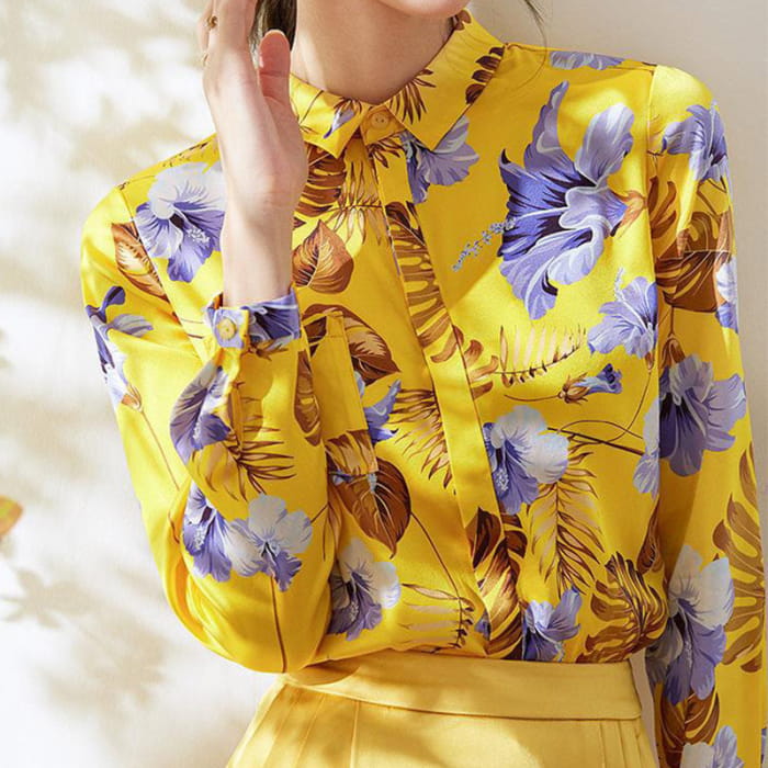 Yellow Flowers Printed Long Sleeve Shirt - M