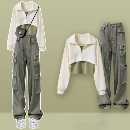 Zipper Lapel T-Shirt Vest Pockets Cargo Pants Set - A / M