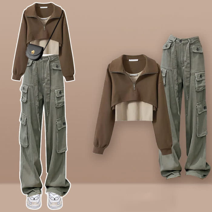 Zipper Lapel T-Shirt Vest Pockets Cargo Pants Set - C / M