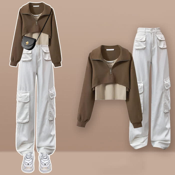 Zipper Lapel T-Shirt Vest Pockets Cargo Pants Set - D / M