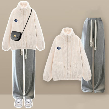 Zipper Pocket Plush Outerwear Grey Pants Set